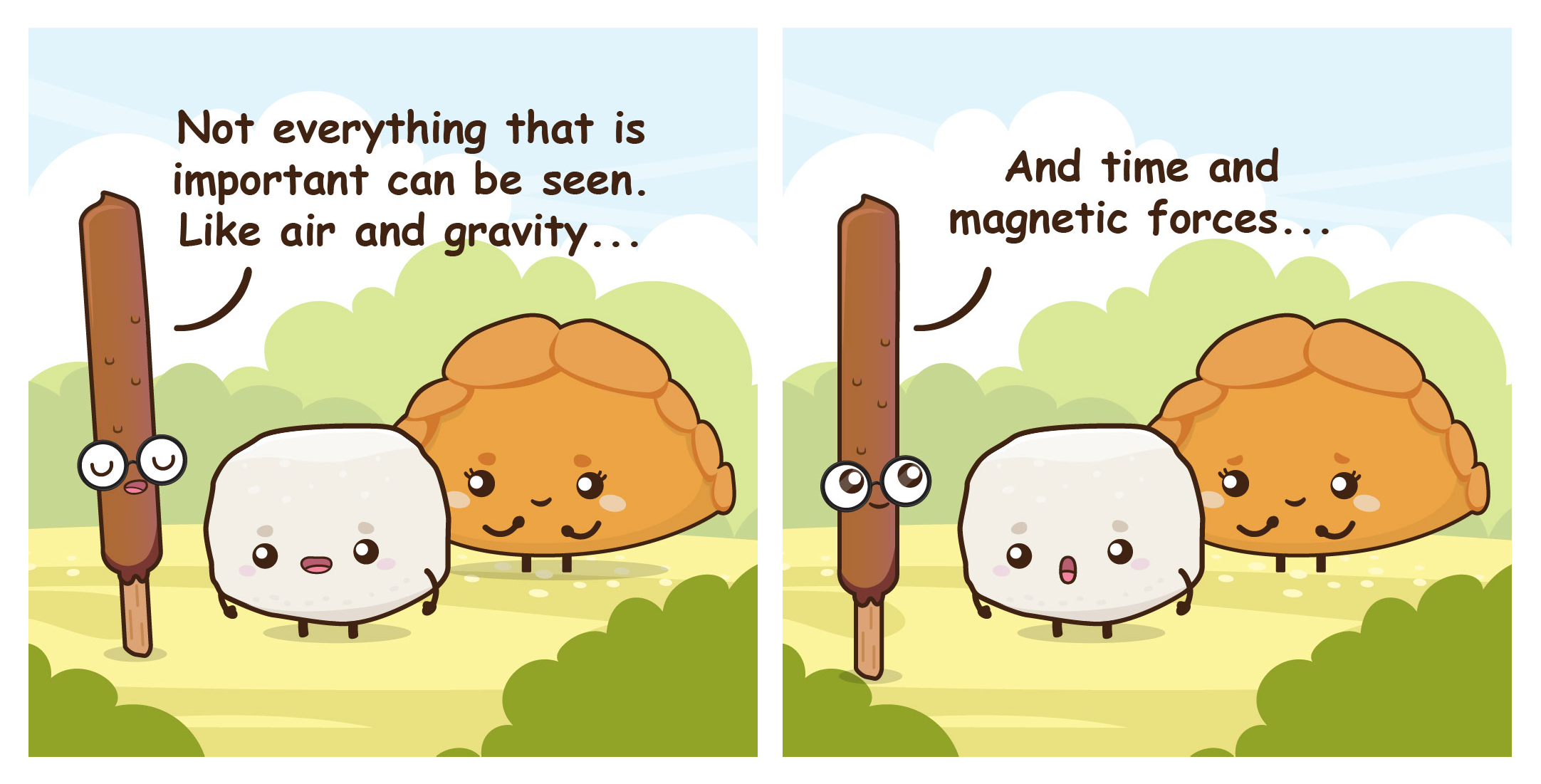 Two-panel cartoon of smiling s'more parts; text says important things unseen, like air, gravity, time, magnetism.